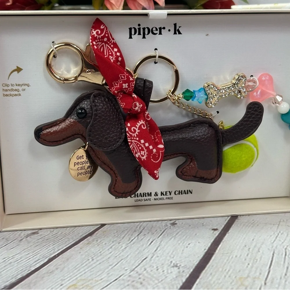 NWT Piper K dachshund Dog bag charm Keychain bling dog mom tennis ball